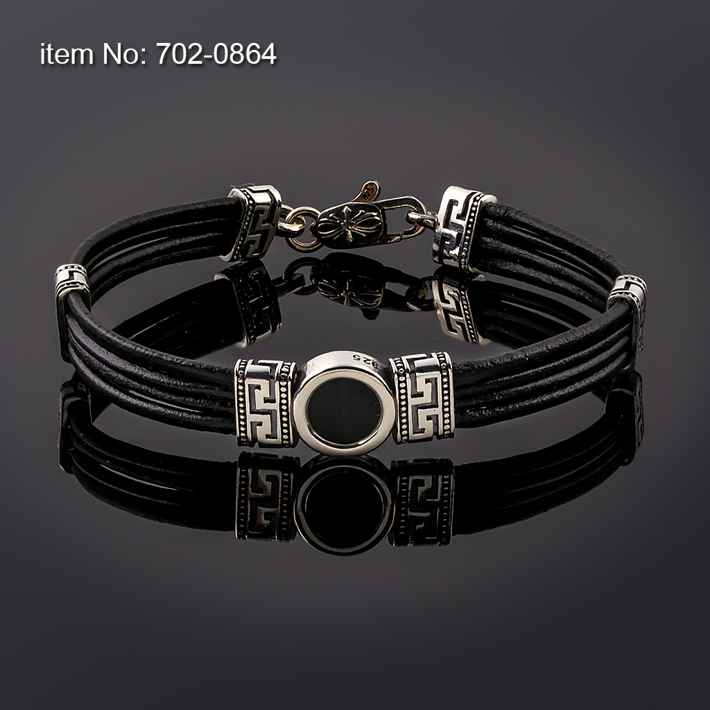 Bracelet with sterling silver Greek Key and genuine stone center (12mm wide)