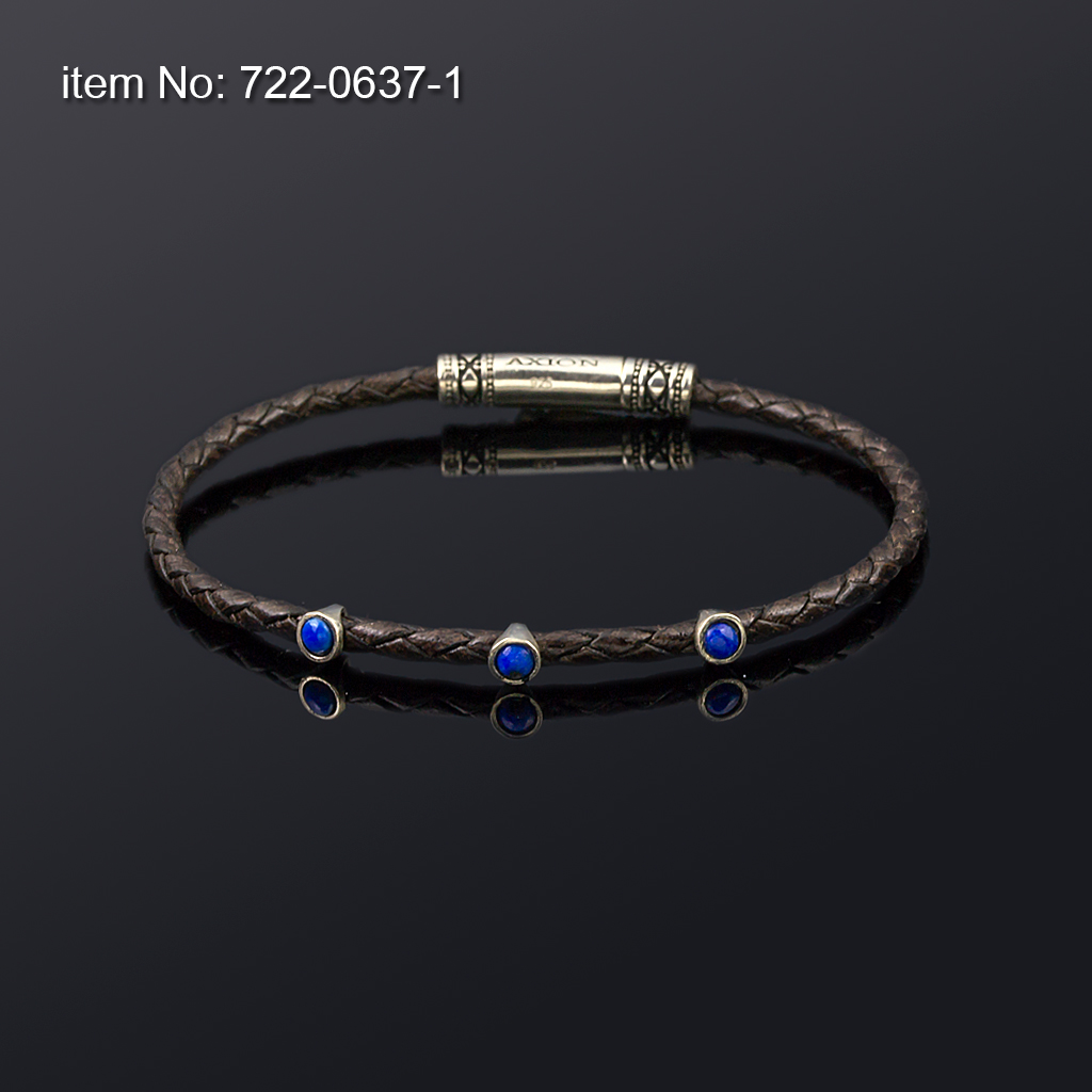 Sterling silver bracelet with lapis and brown antique genuine leather 3 mm