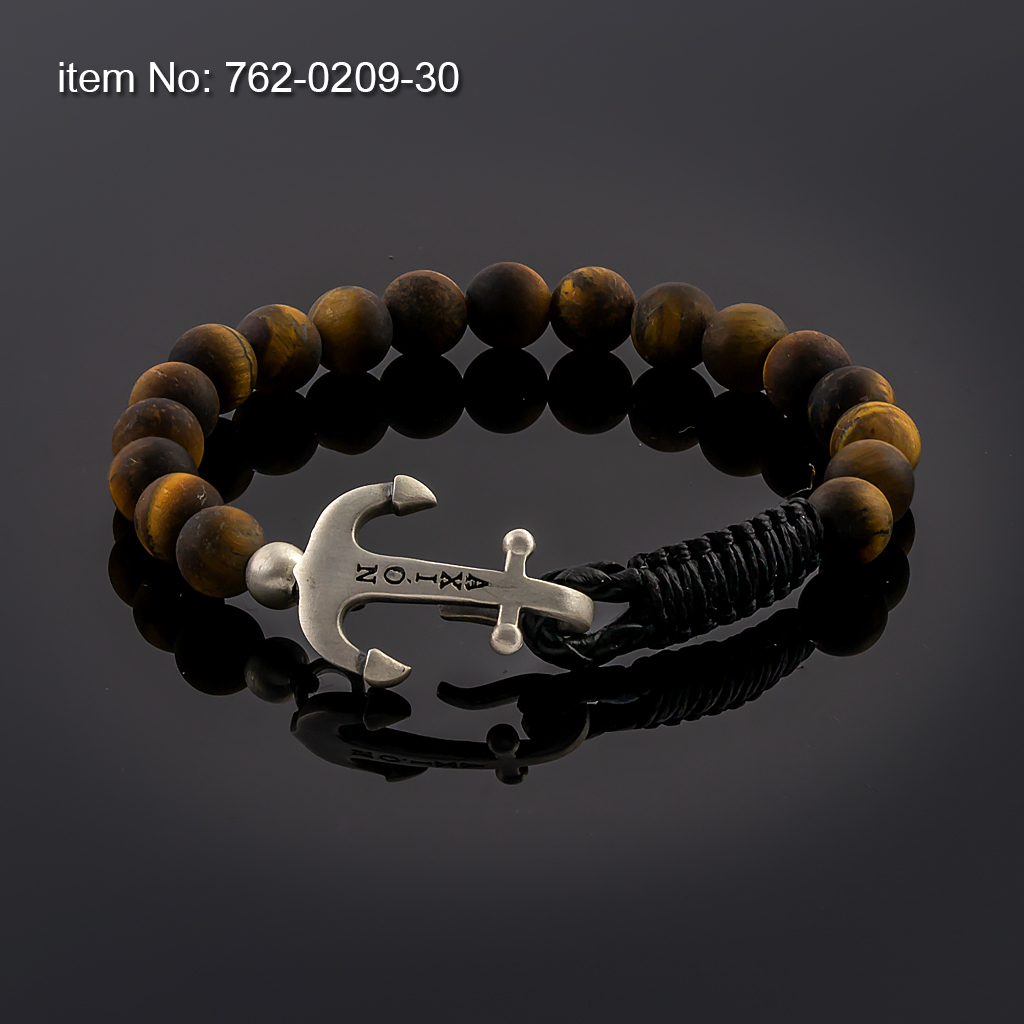 Sterling silver bracelet with anchor (27 mm). Tiger Eye Beads 8 mm