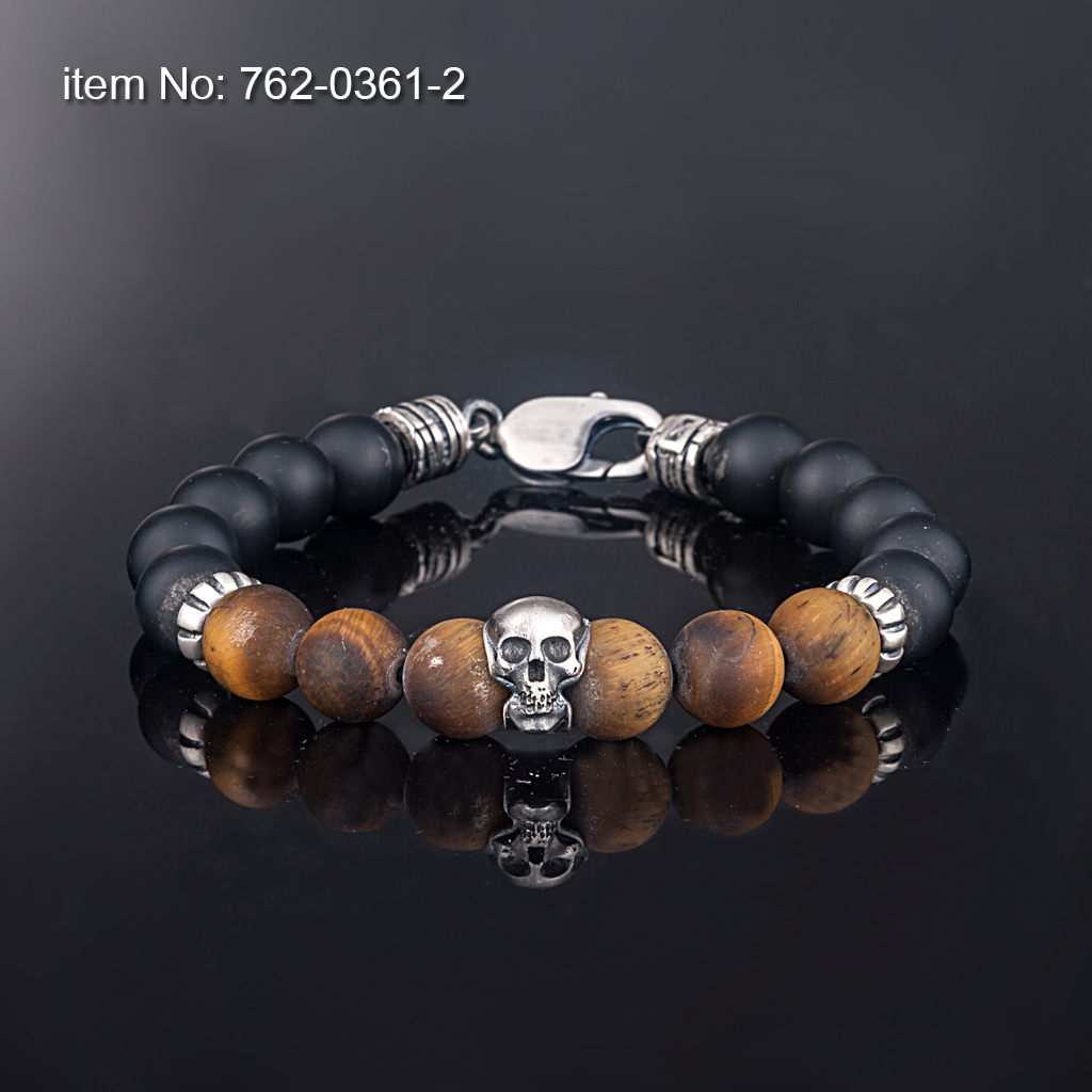 Sterling Silver skull motif with tiger eye & black onyx beads Bracelet