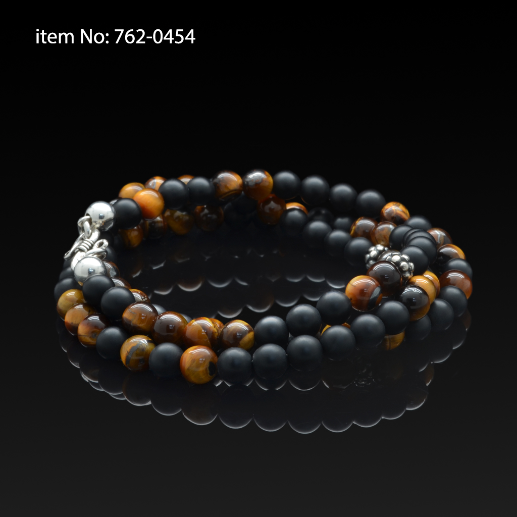 Sterling Silver tripple wrapped bracelet with 6mm onyx and tiger eye beads