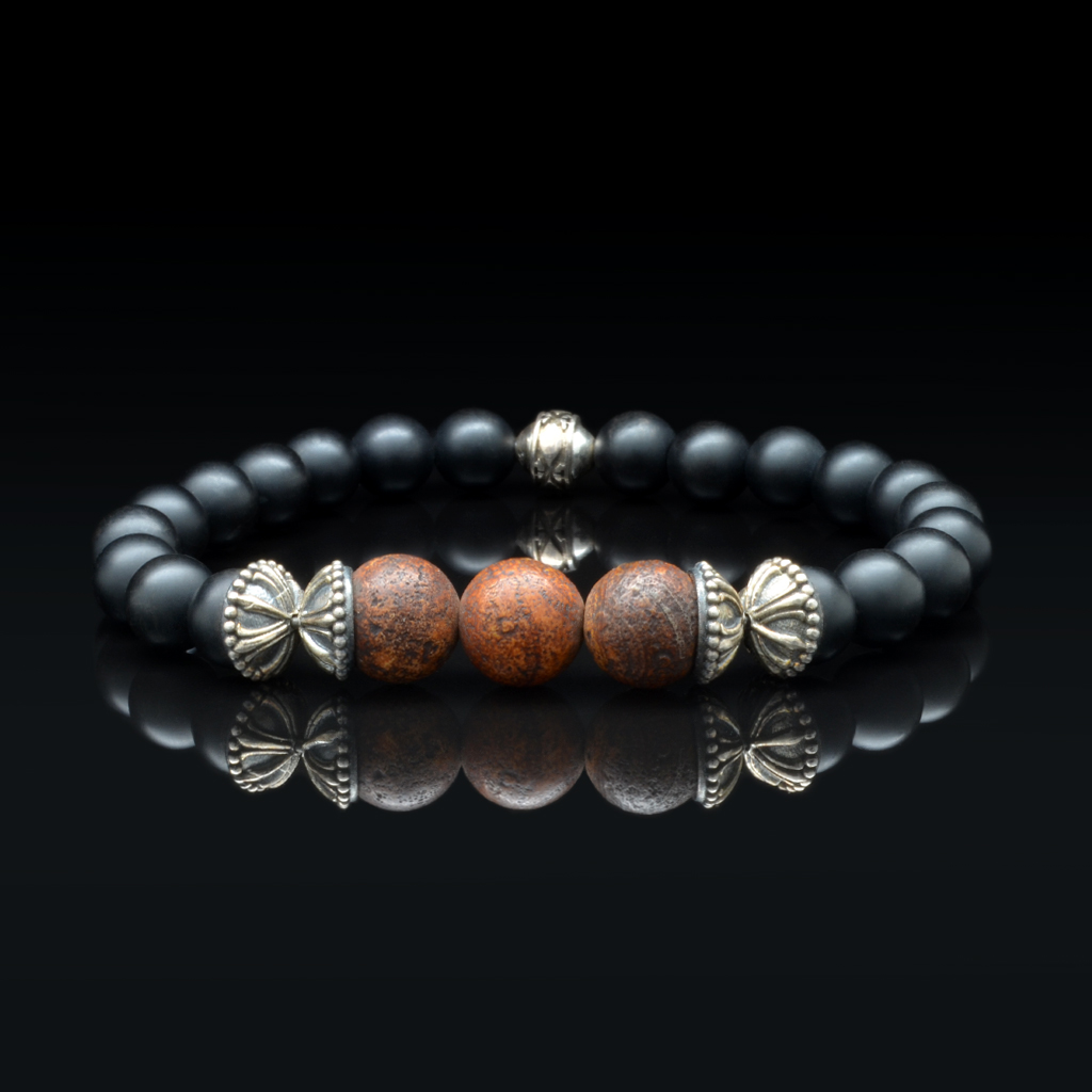 Sterling silver bracelet with 10mm bronzite, 8mm onyx and washers with motif