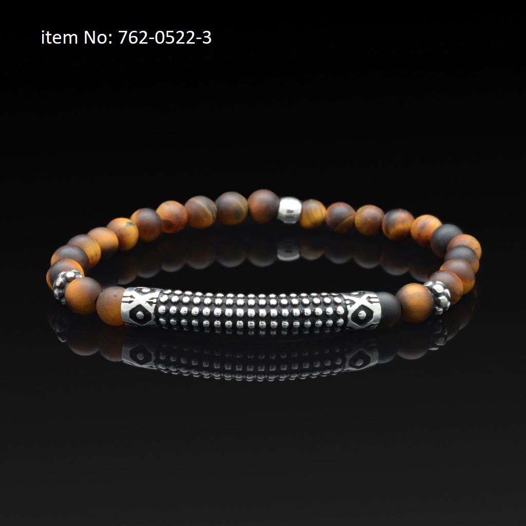 Sterling silver bracelet with sea urchin motif and tiger eye beads