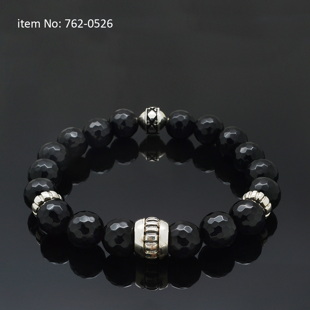 Sterling silver bracelet with big motif washer and 10mm faceted onyx beads