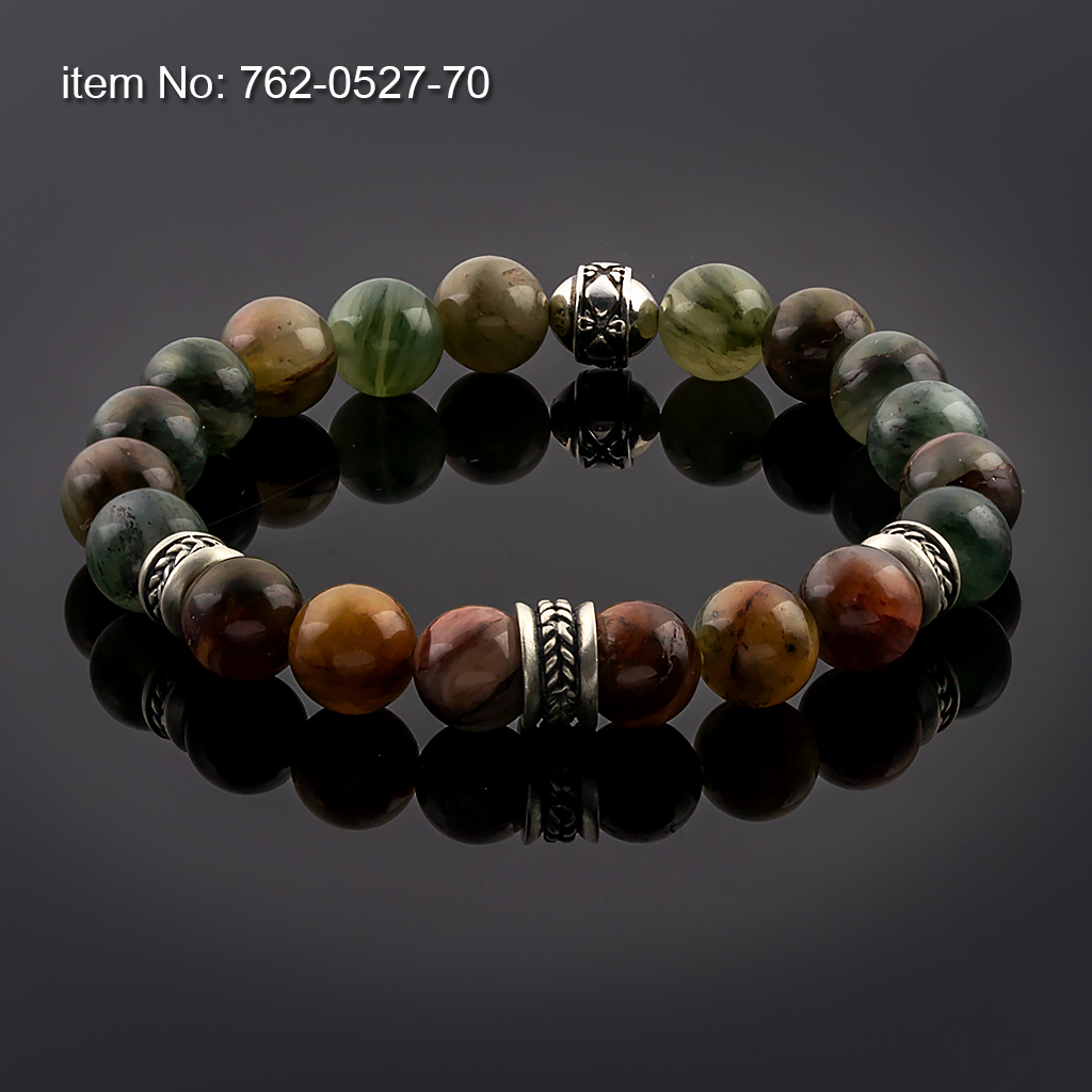 Sterling silver bracelet with motif washer and 10mm Jasper Beads with elastic silicone cord