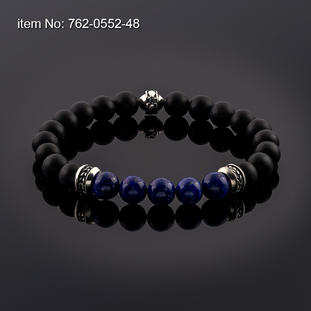 Bracelet with Sterling Silver washer on 8 mm Lapis Lazuli and Black Onyx beads with elastic silicone cord