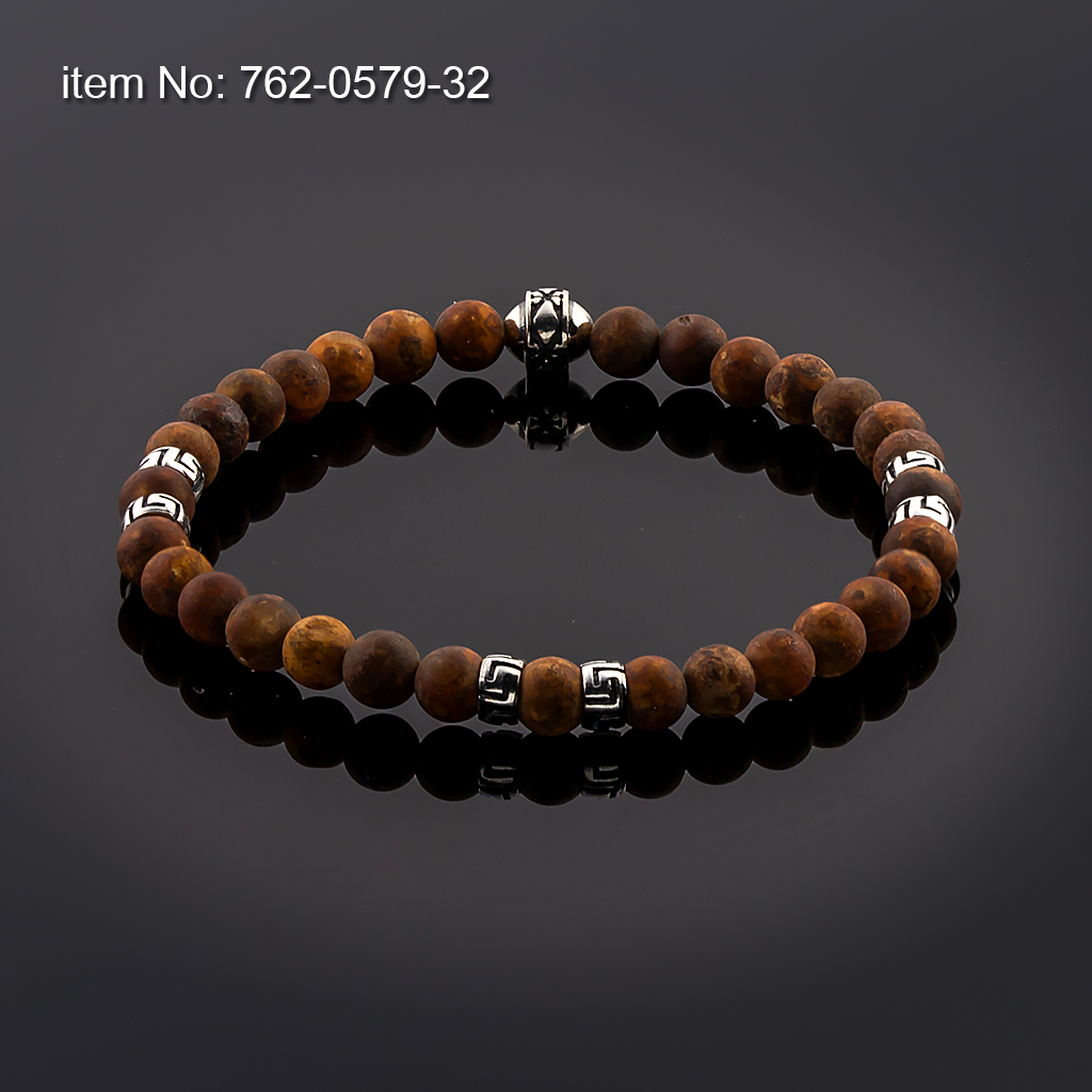 Bracelet Agate Beads 6mm with sterling silver Greek Key design tied with elastic cord