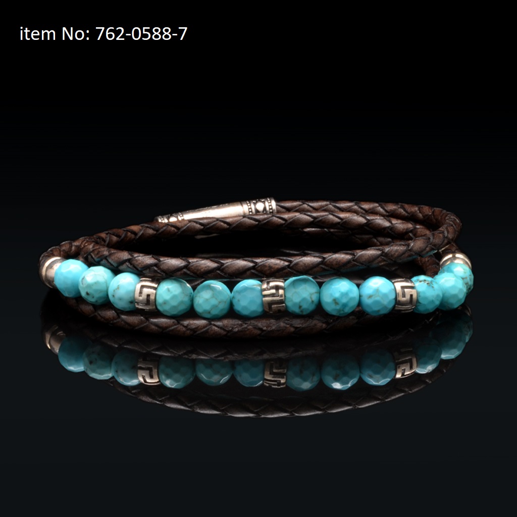 Sterling Silver Bracelet design, greek motif, double wrap with leather and on 6 mm howlite beads