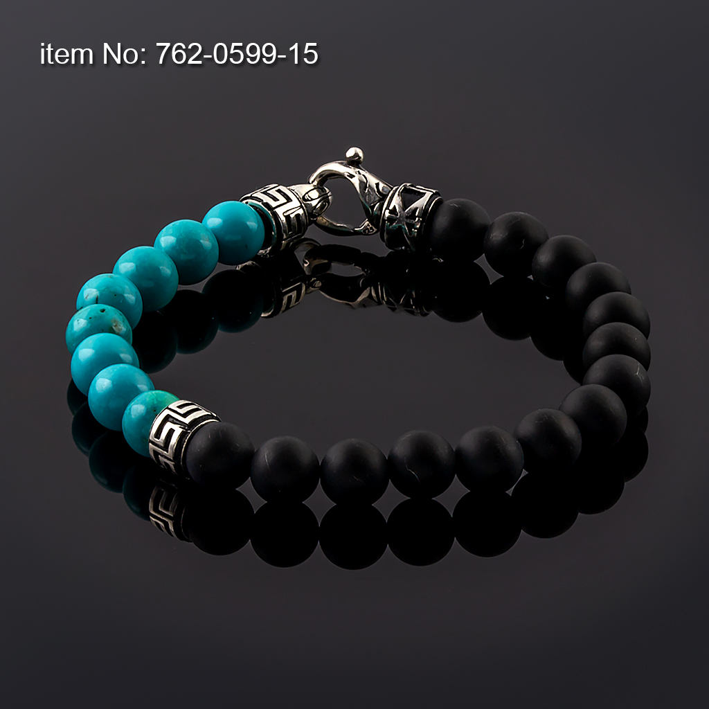 Bracelet with Sterling Silver Greek Key design on Turquoise and Black Onyx beads