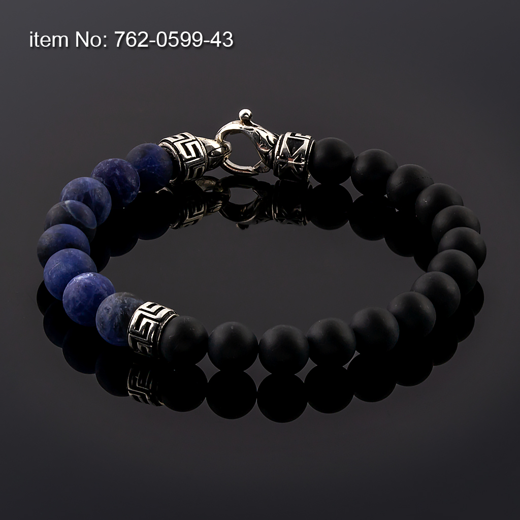 Bracelet with Sterling Silver Greek Key design on Lapis Lazuli and Black Onyx beads
