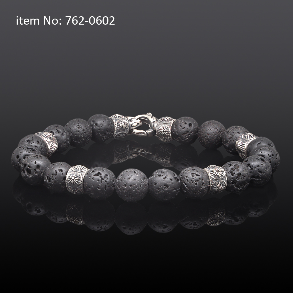 Sterling Silver bracelet with Sun of Vergina motifs and lava beads