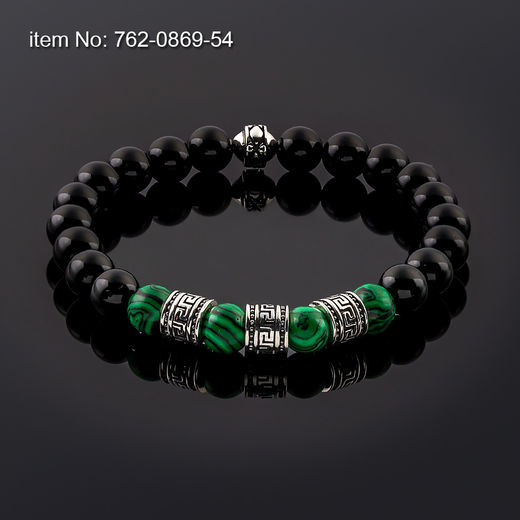 Bracelet Black Onyx and Malachite Beads 8mm with sterling silver Greek Key design tied with elastic cord